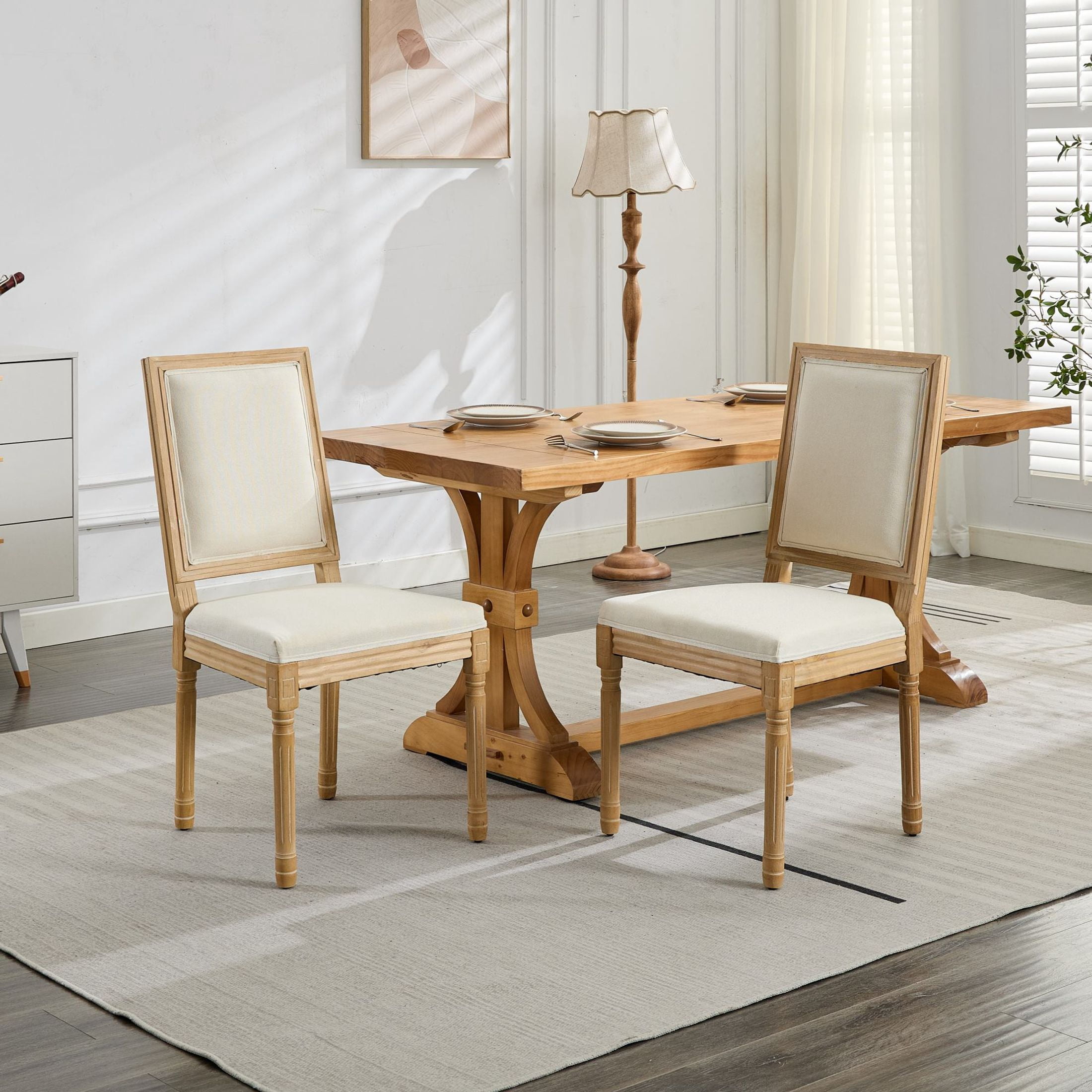 GDF Studio French Dining Chairs Set of 2 with Upholstered Backrest, Solid Rubberwood Frame, Beige