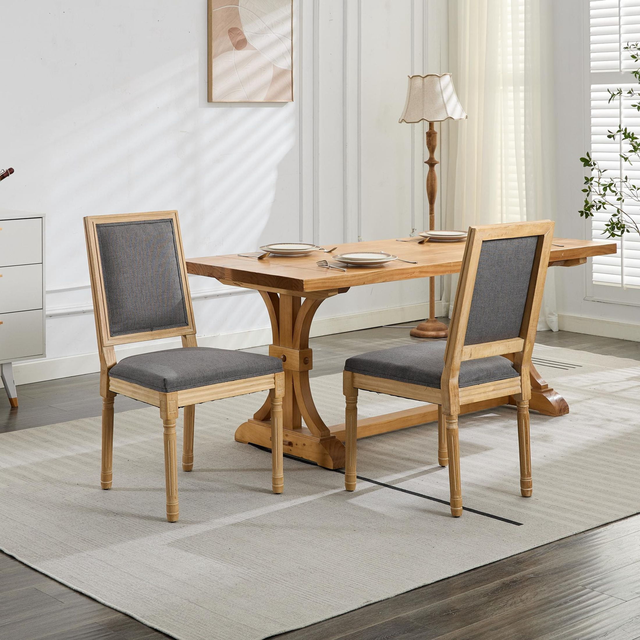GDF Studio French Dining Chairs Set of 2 with Upholstered Backrest, Solid Rubberwood Frame, Gray