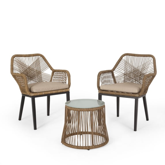 GDF Studio Fromberg Outdoor Wicker 3 Piece Chat Set with Cushion, Light Brown and Beige