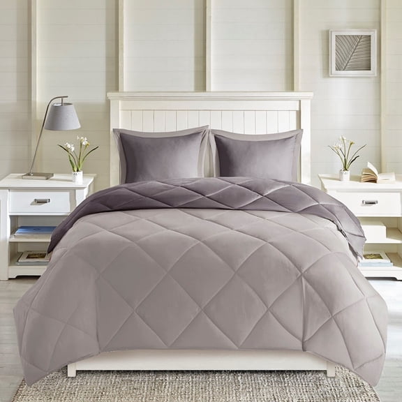 GDF Studio Full/Queen Size Scotchgard Reversible Down Alternative Comforter Set, Diamond Quilted, Gray