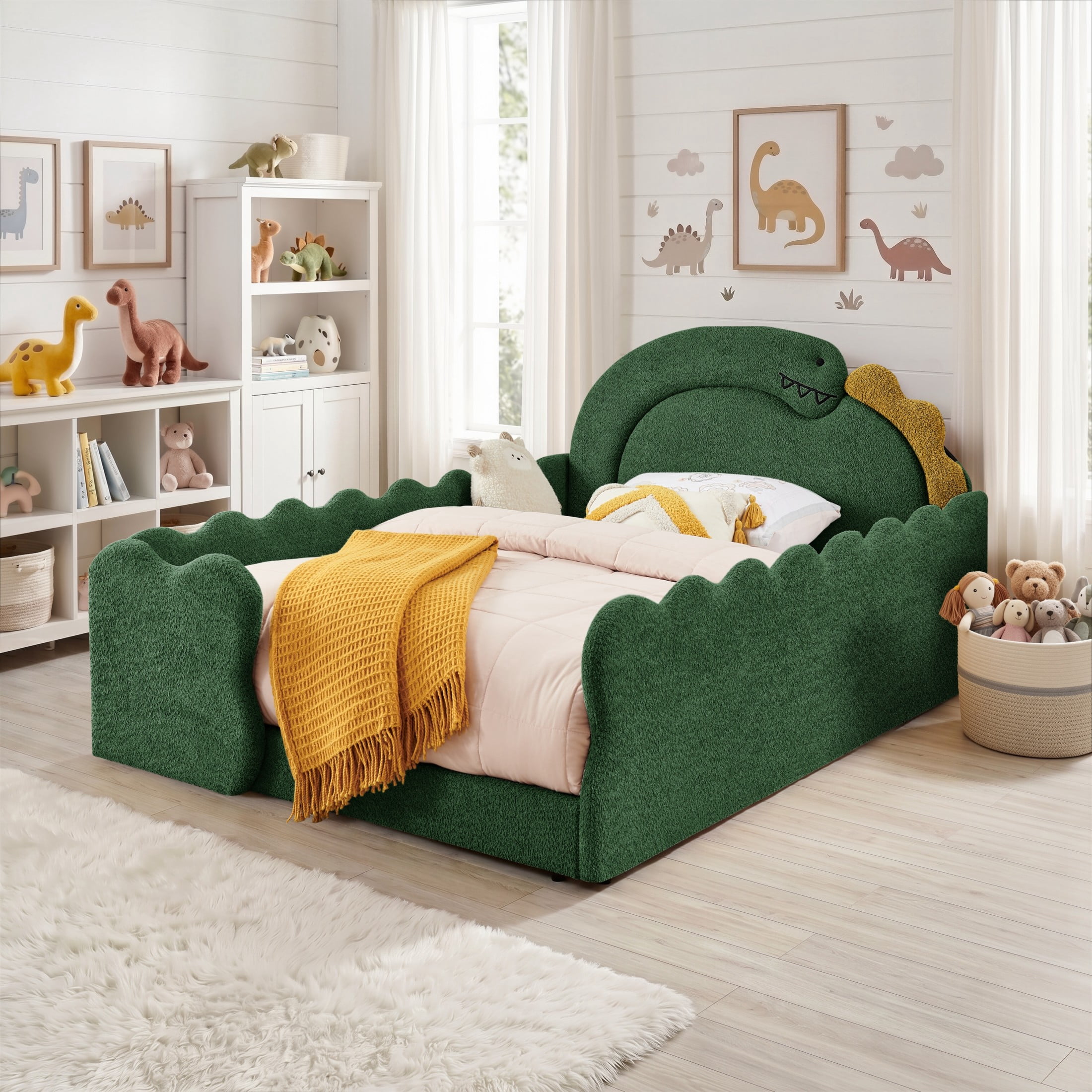 GDF Studio Full Size Cute Dinosaur Bed with Safety Guardrails & Solid Wood Frame, Boucle Fabric Upholstered Bed, Green