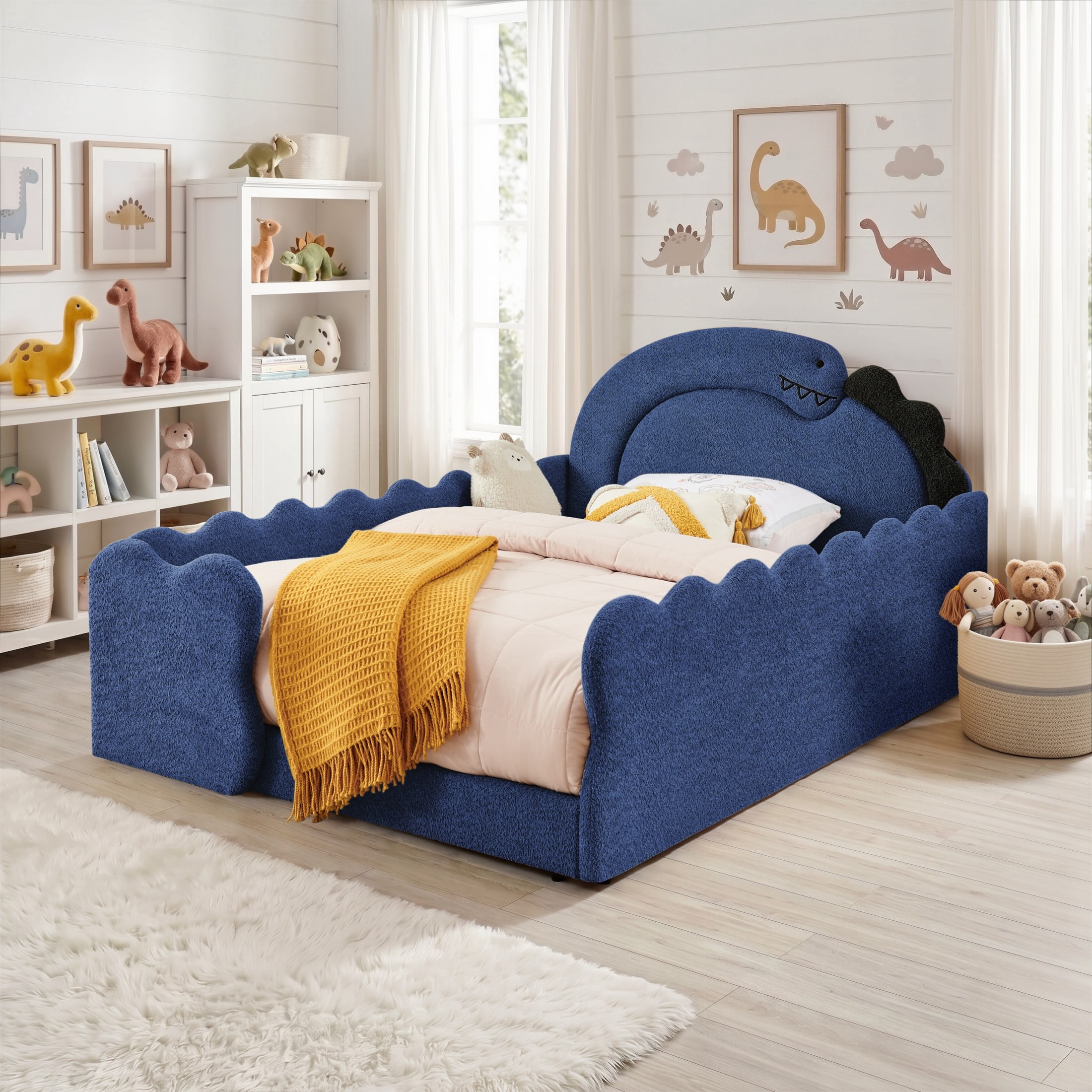 GDF Studio Full Size Cute Dinosaur Bed with Safety Guardrails & Solid Wood Frame, Boucle Fabric Upholstered Bed, Navy