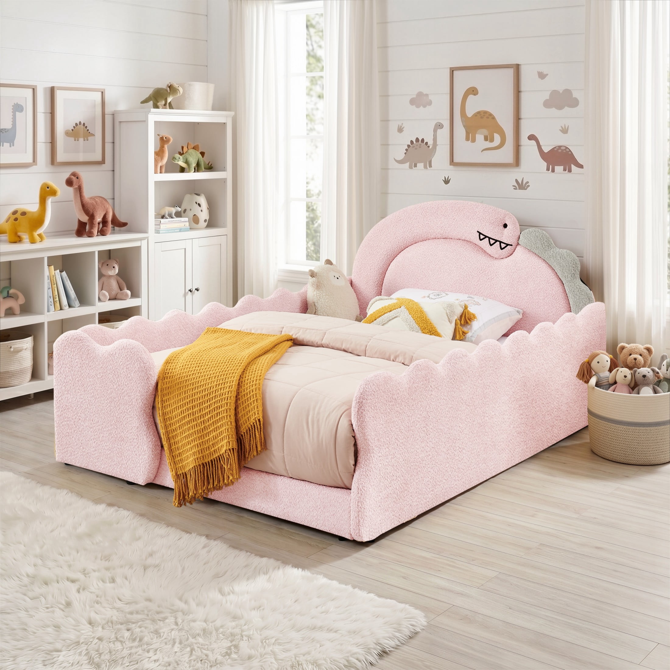 GDF Studio Full Size Cute Dinosaur Bed with Safety Guardrails & Solid Wood Frame, Boucle Fabric Upholstered Bed, Pink