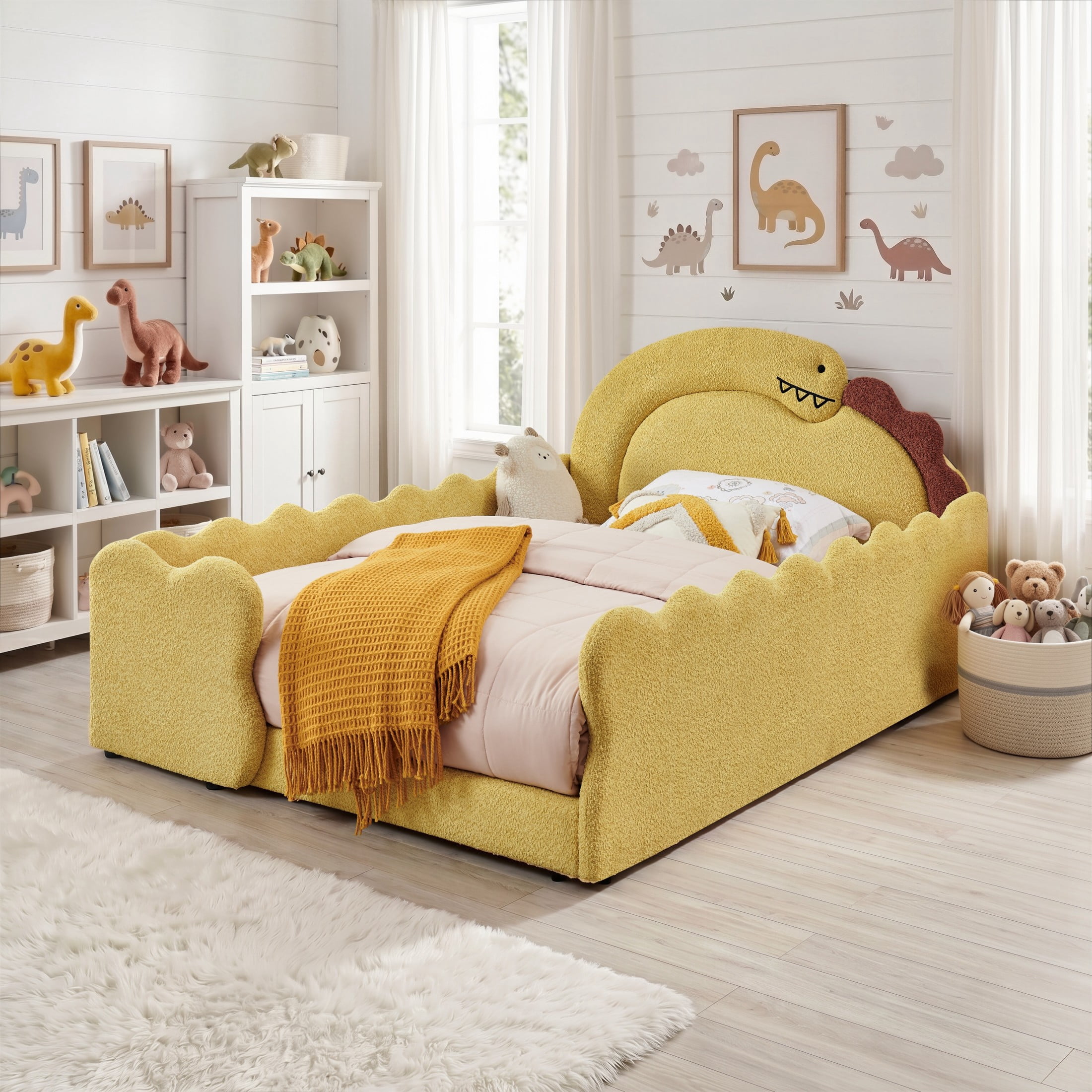 GDF Studio Full Size Cute Dinosaur Bed with Safety Guardrails & Solid Wood Frame, Boucle Fabric Upholstered Bed, Yellow