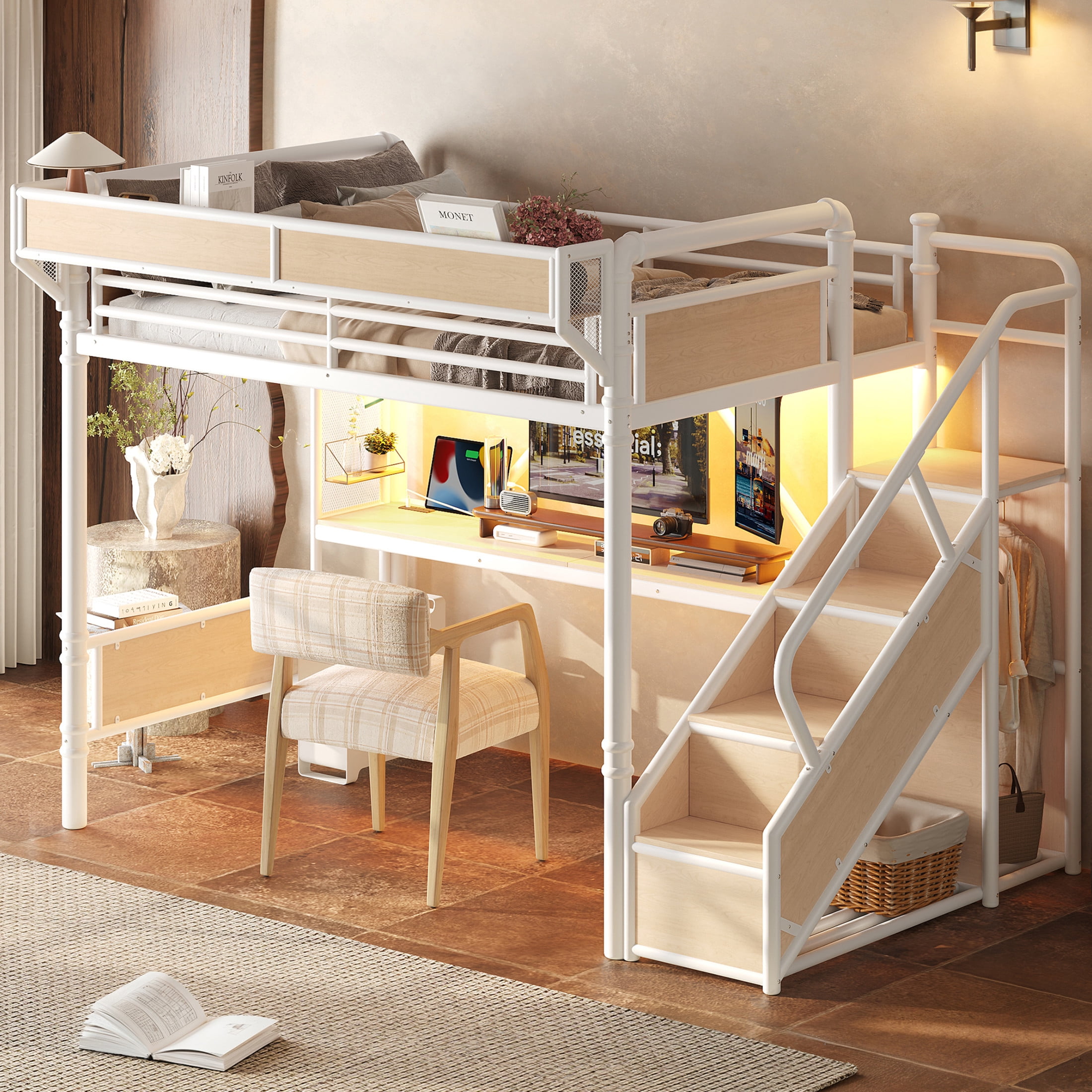 GDF Studio Full Size Metal Loft Bed with Desk, Power Outlet, LED Light, Storage & Wardrobe, White