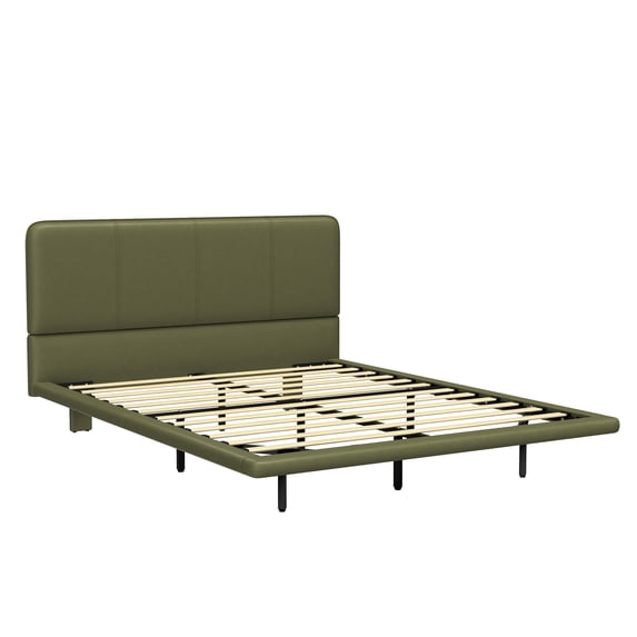 GDF Studio Full Size Modern PU Leather Platform Bed Frame with LED Light, Green