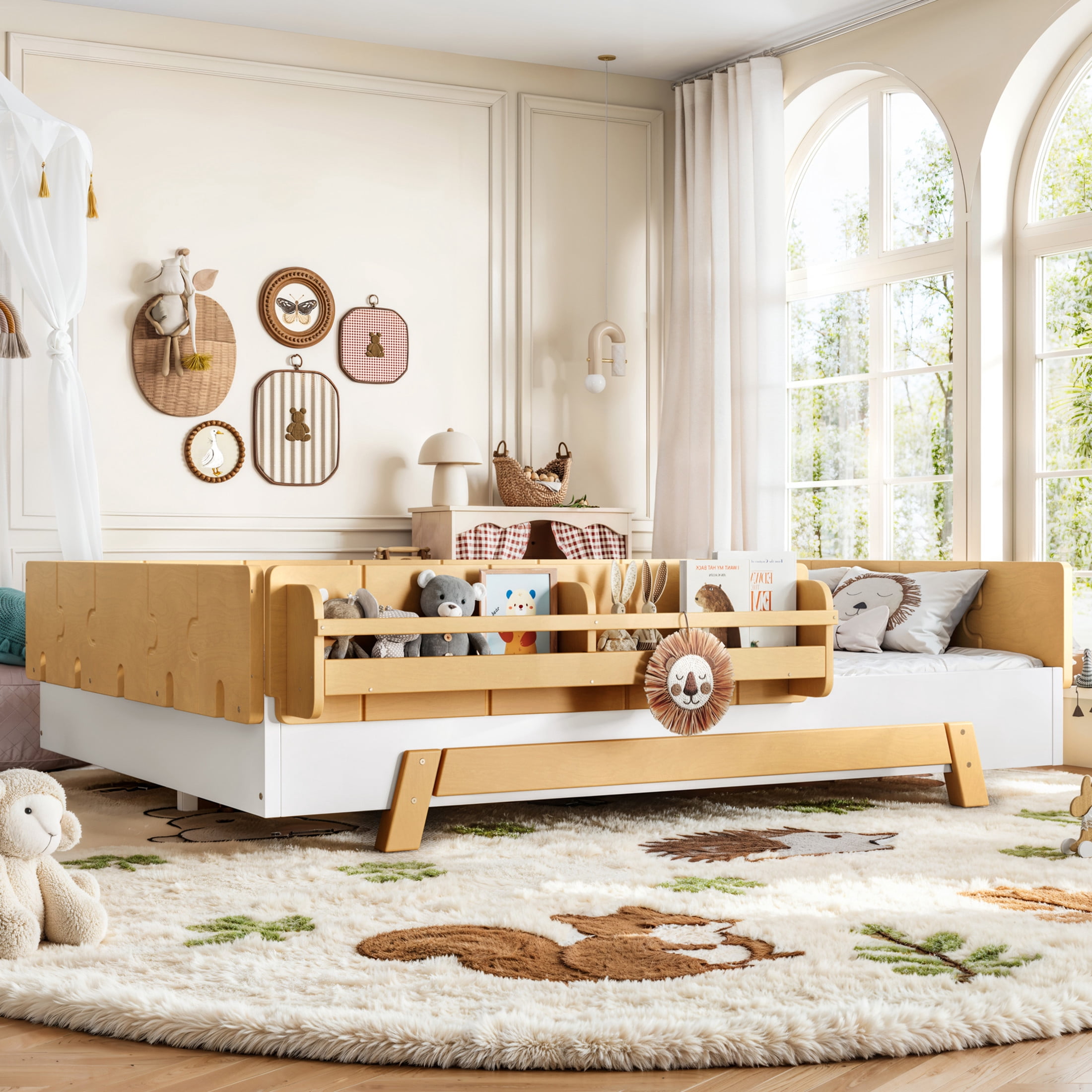 GDF Studio Full Size Montessori Floor Bed with Guardrails & Bookshelves, Building Block Design, White+Natural
