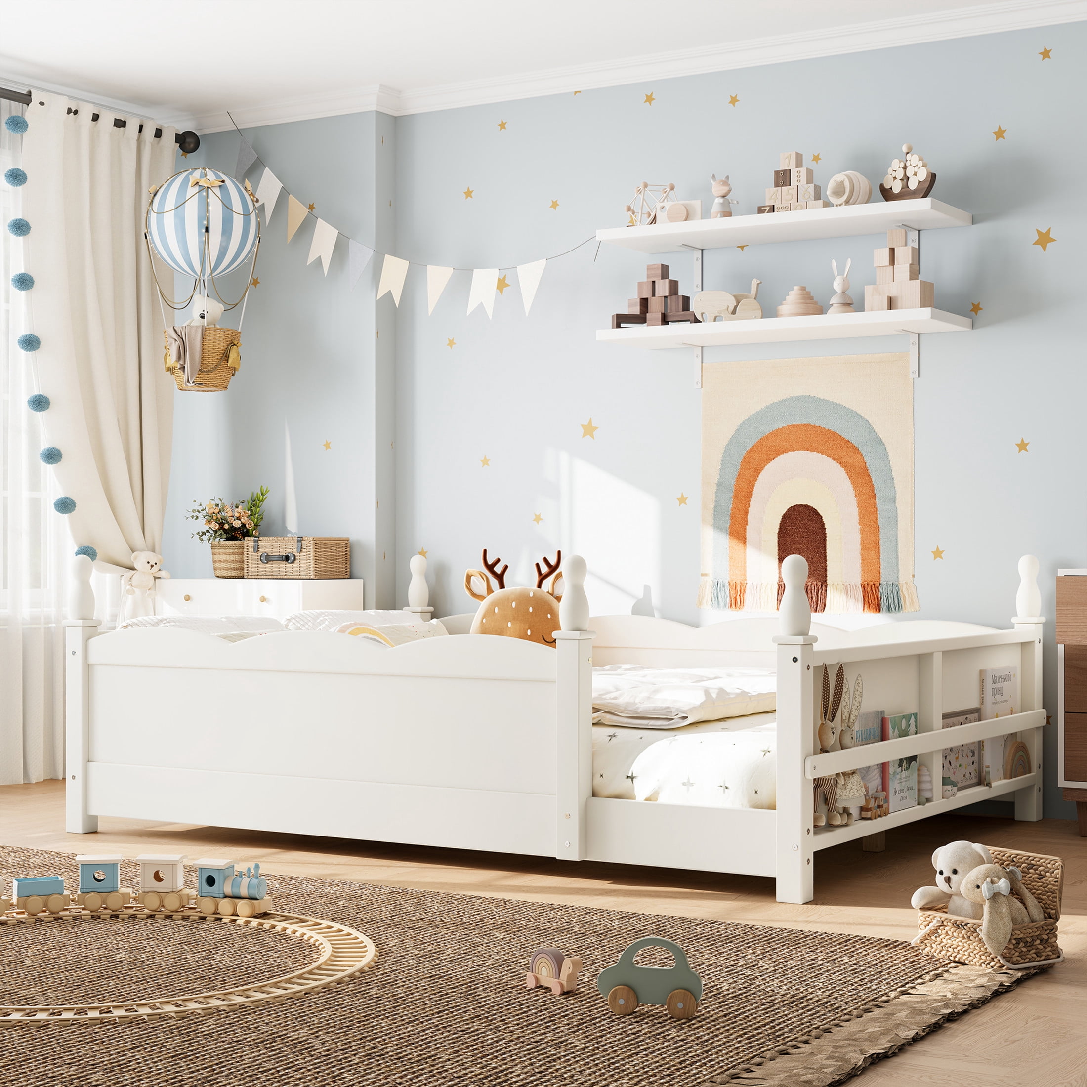 GDF Studio Full Size Montessori Floor Bed with Guardrails & Side Bookshelf, Childlike Design, Beige White