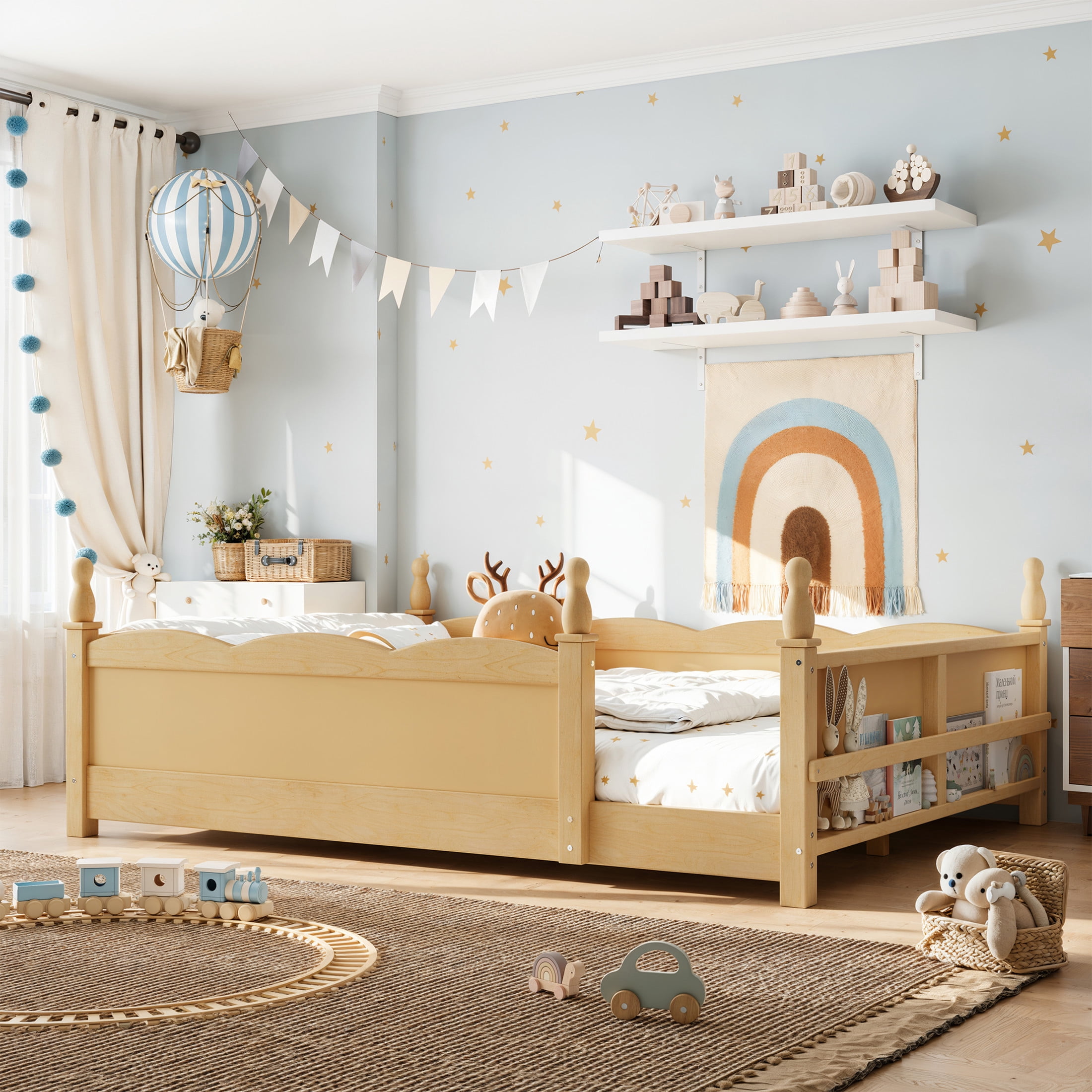 GDF Studio Full Size Montessori Floor Bed with Guardrails & Side Bookshelf, Childlike Design, Natural