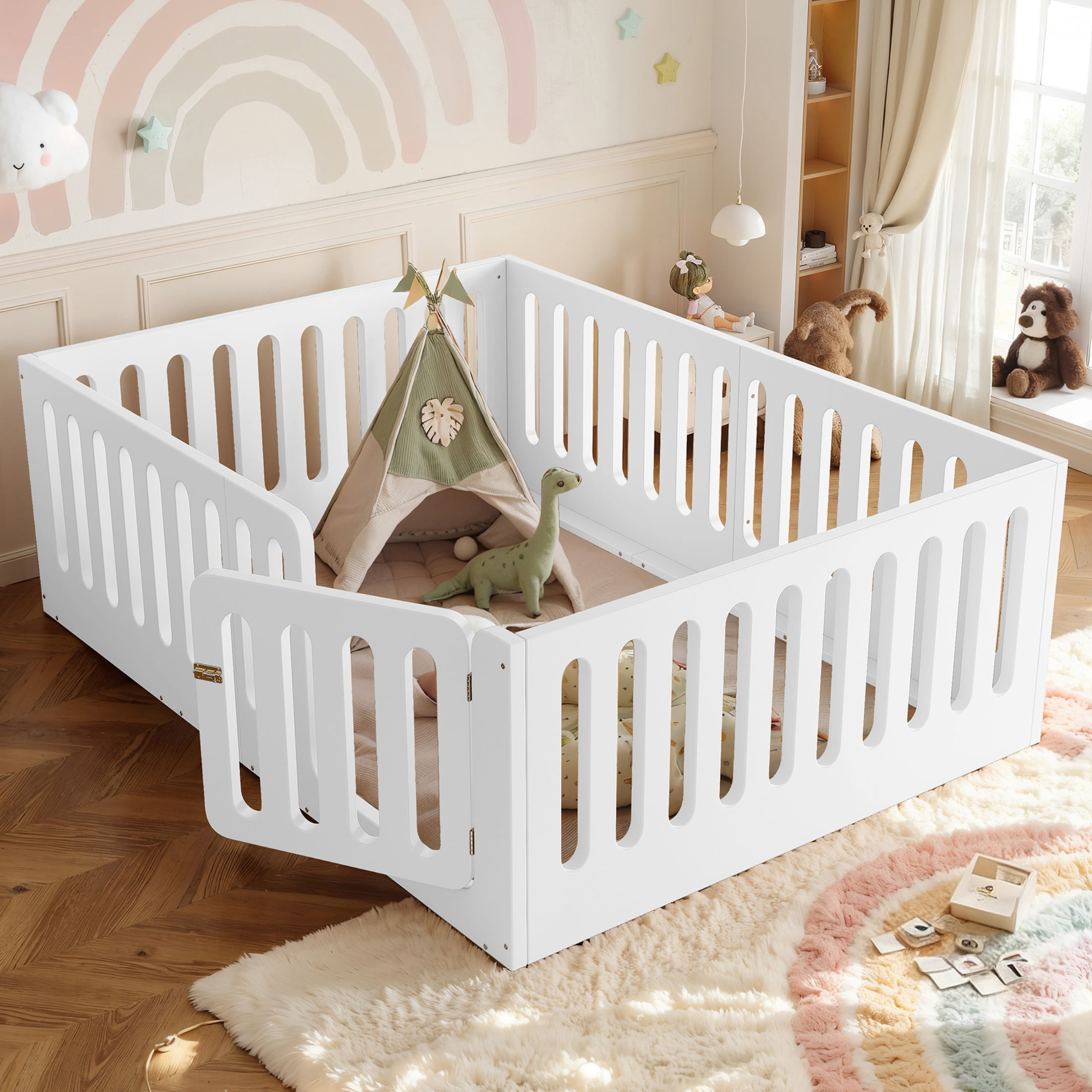GDF Studio Full Size Montessori Floor Bed with High Guardrails & Door, Low-Profile Design, White