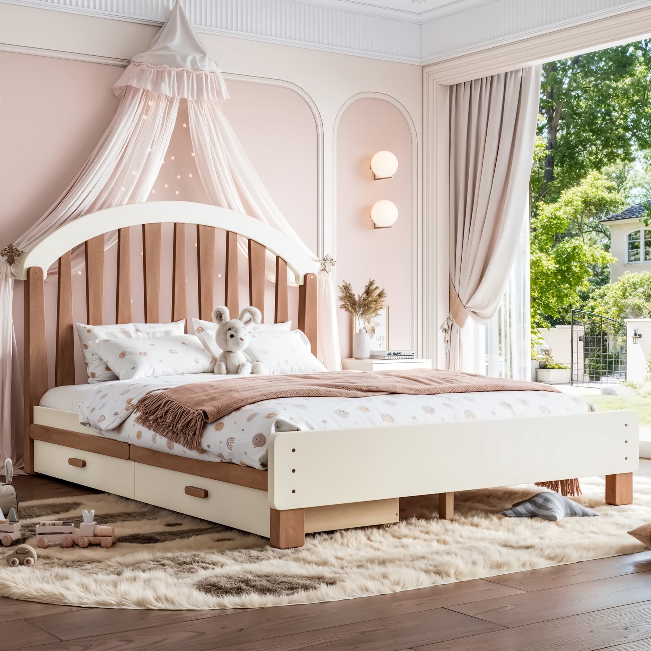 GDF Studio Full Size Platform Bed with Storage Drawers, Round Headboard, No Box Spring Needed, Beige+Brown