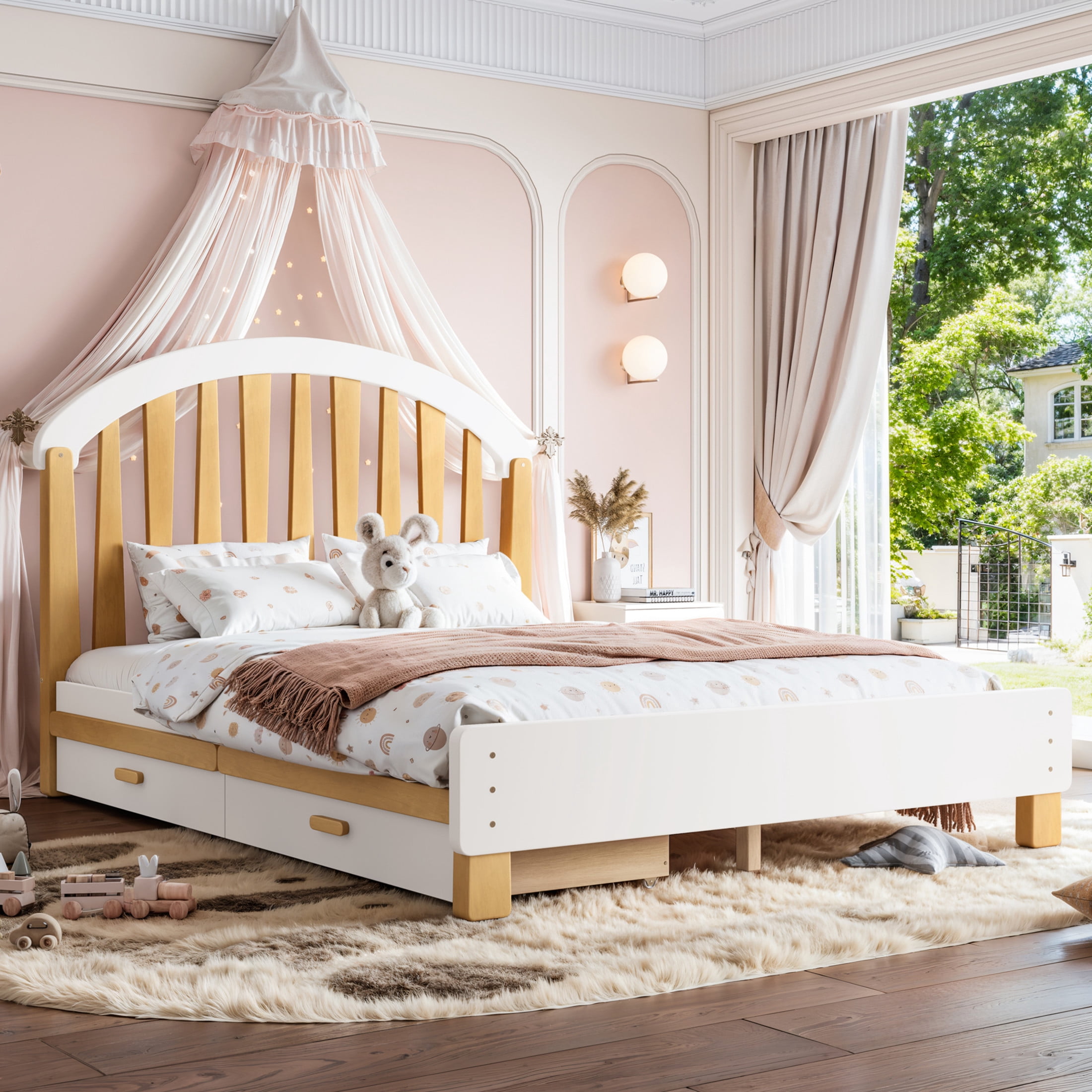 GDF Studio Full Size Platform Bed with Storage Drawers, Round Headboard, No Box Spring Needed, White+Natural