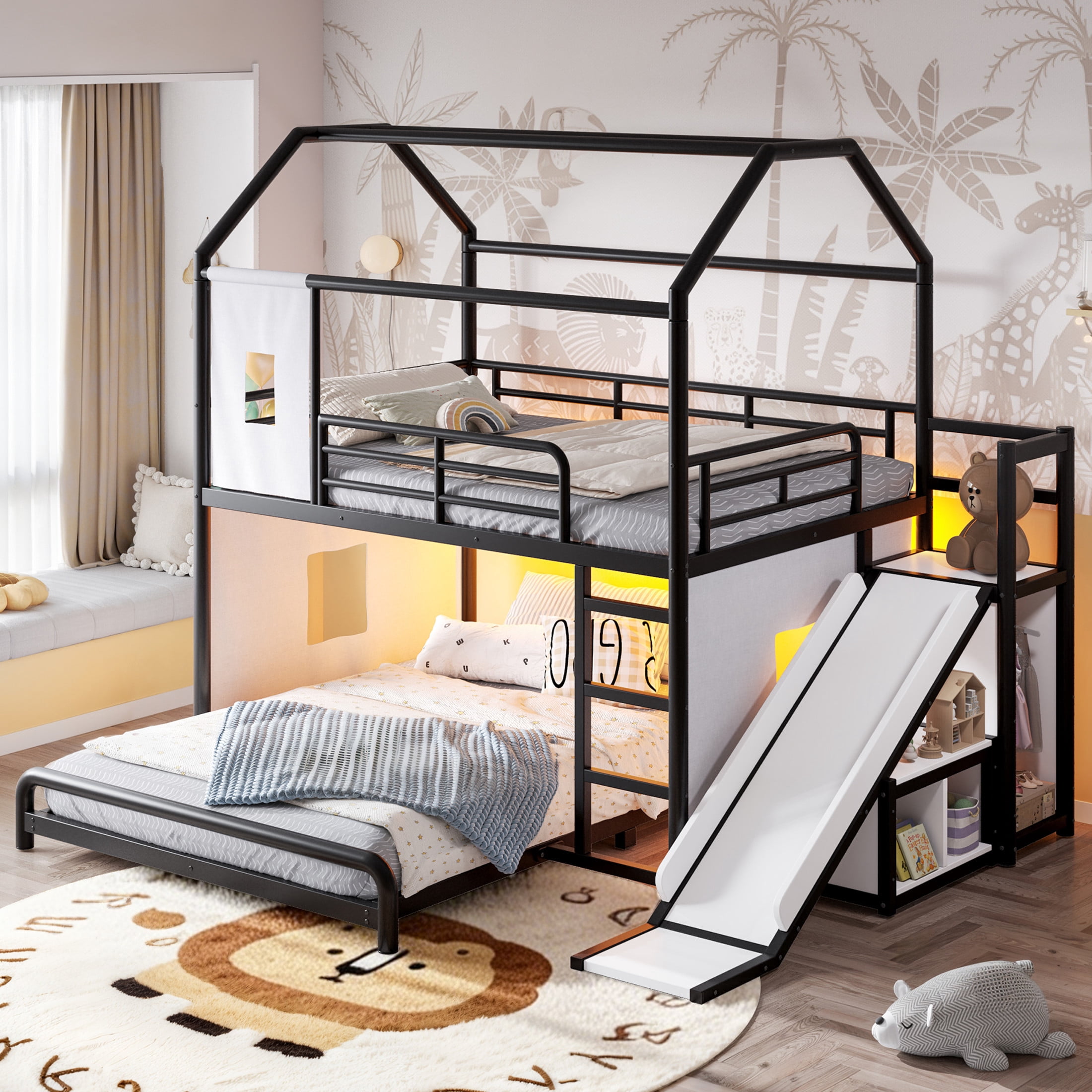 GDF Studio Full over Full Playhouse Bunk Bed with Slide, Ladder, LED Light, Cabinet & Curtain Rod, Black
