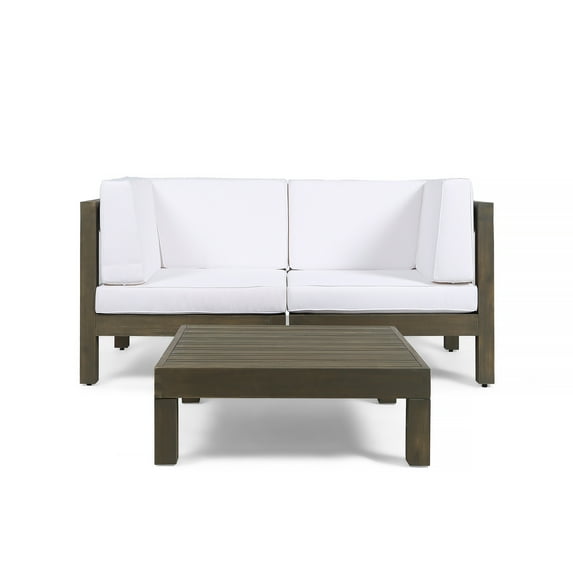 GDF Studio GDF Studio Keith Outdoor Acacia Wood Sectional Loveseat with Coffee Table, Gray and White