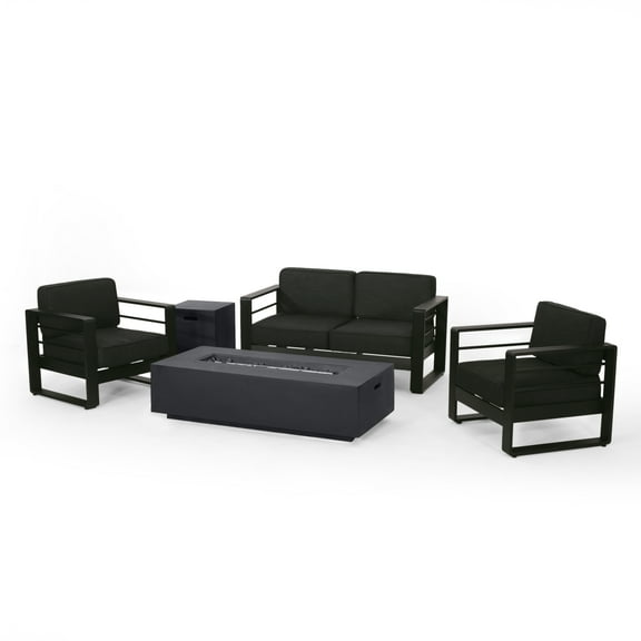 GDF Studio Gadd Outdoor Aluminum 4 Seater Chat Set with Fire Pit, Black, Gray, and Dark Gray