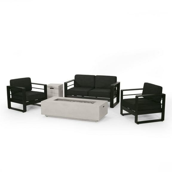 GDF Studio Gadd Outdoor Aluminum 4 Seater Chat Set with Fire Pit, Black, Gray, and Light Gray