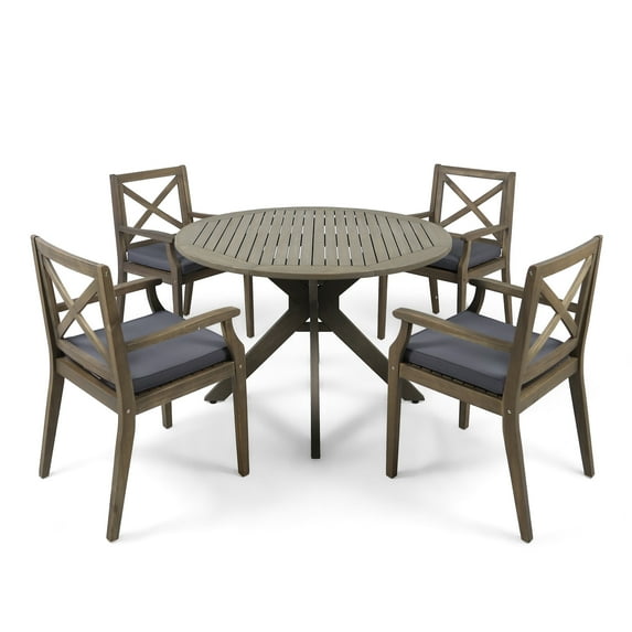 GDF Studio Geelong Outdoor Acacia Wood 5 Piece Dining Set with Cushion, Gray and Dark Gray