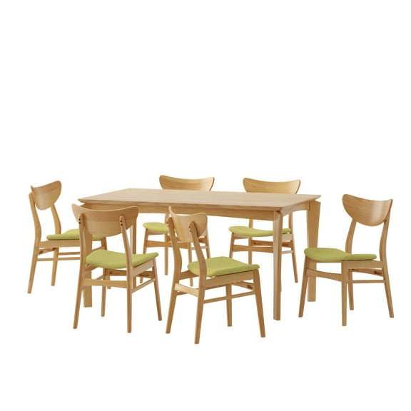 GDF Studio Geisler Wood and Fabric 7 Piece Dining Set, Natural Oak, Green Tea