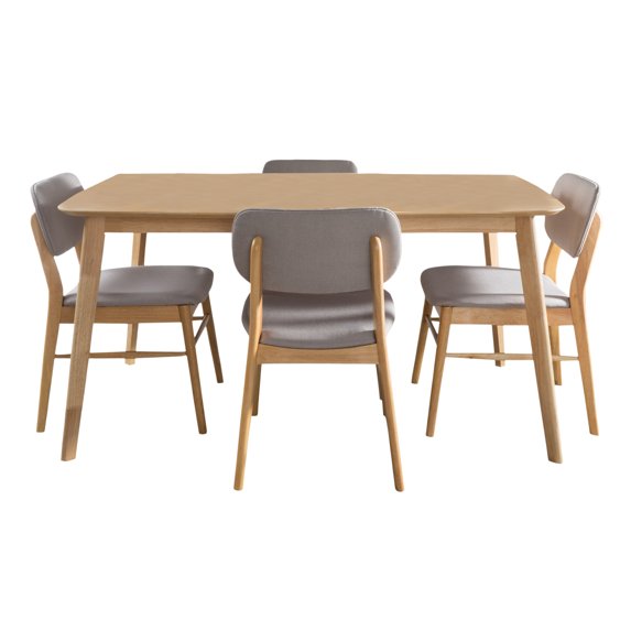 GDF Studio Gemma Mid Century Modern Fabric Upholstered 5 Piece Dining Set, Light Gray and Walnut