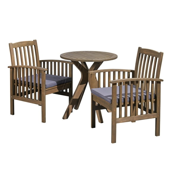 GDF Studio Genois Outdoor Acacia Wood 3 Piece Bistro Set with Cushion, Gray and Dark Gray