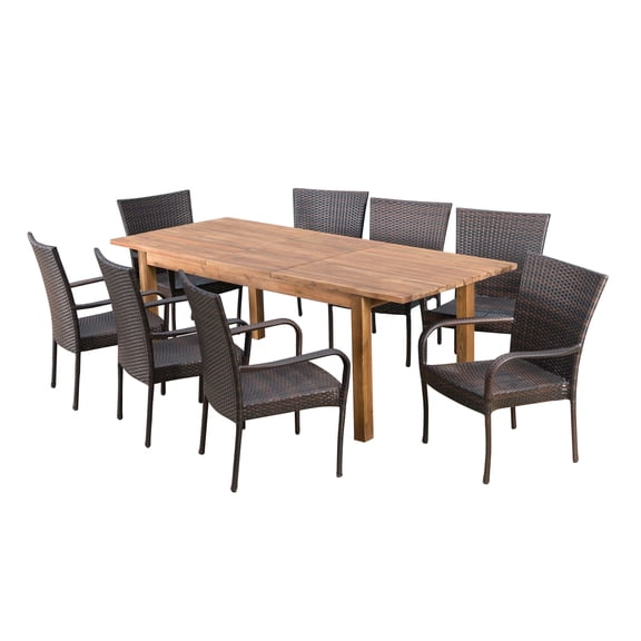 GDF Studio Georgina Outdoor Wicker and Acacia Wood Expandable 9 Piece Dining Set, Teak and Multibrown