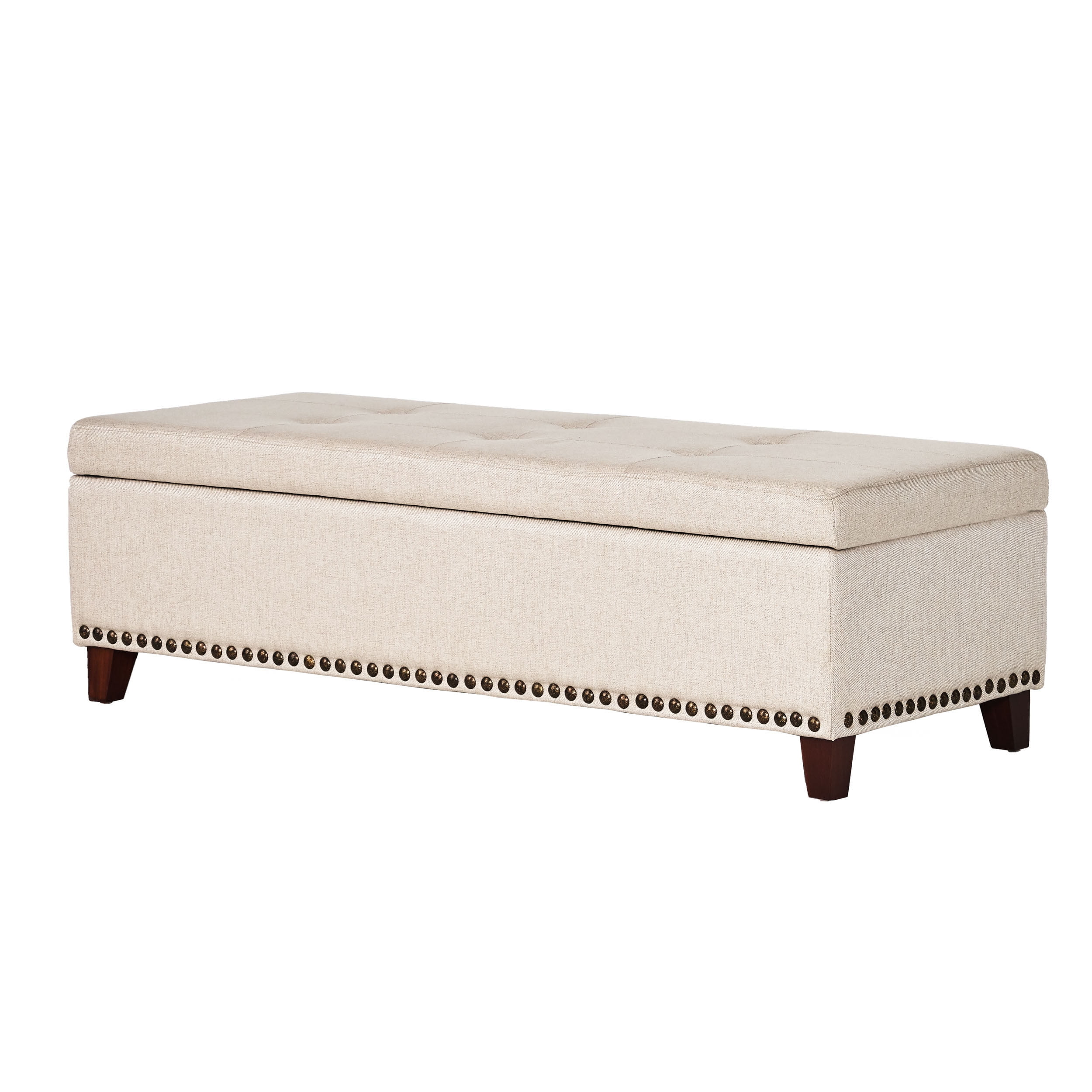 Beige Tufted Fabric Storage Ottoman with Nailhead Trim