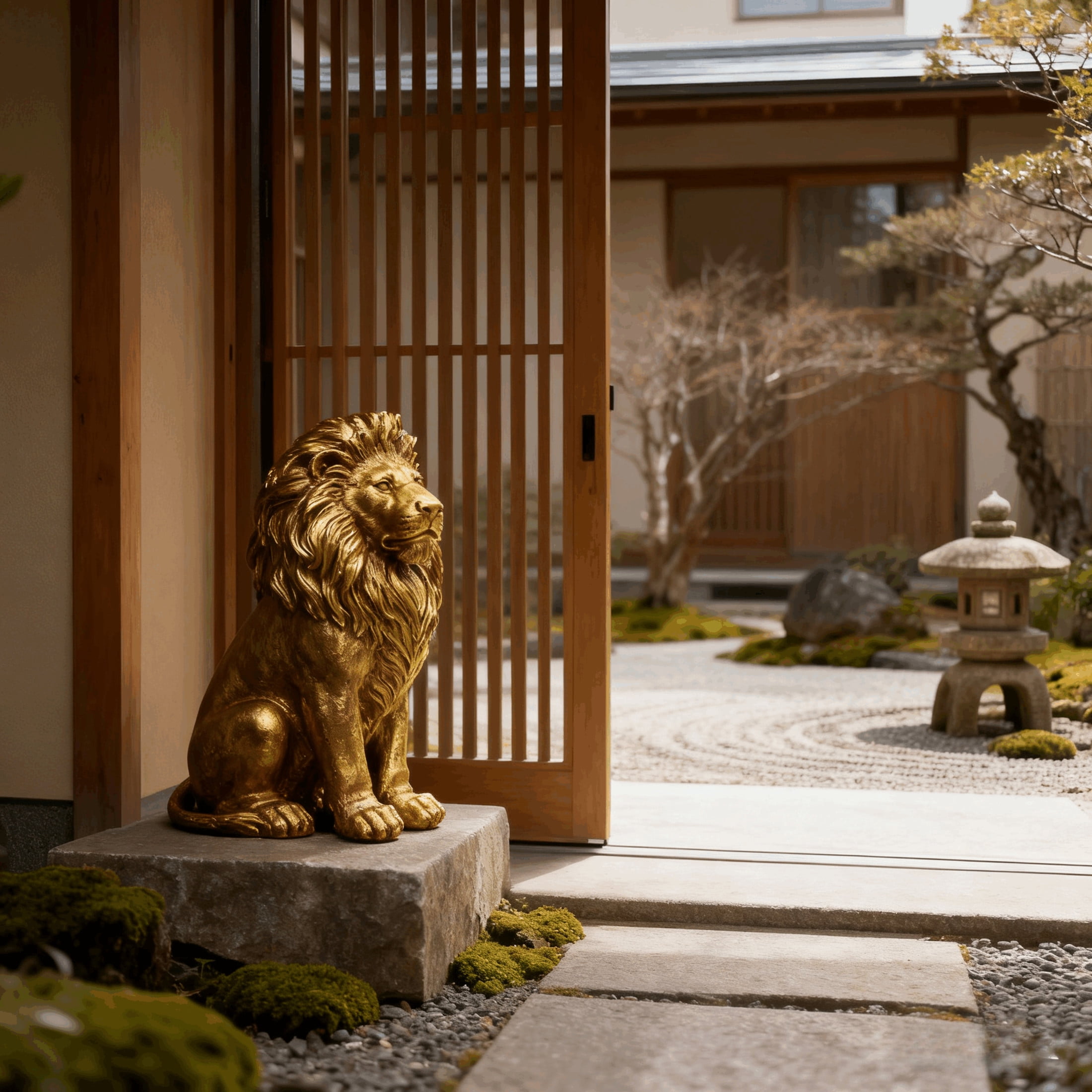 GDF Studio Golden Lion Resin Indoor/Outdoor Guardian Statue, Weather-Resistant Decor Figurine for Garden & Courtyard