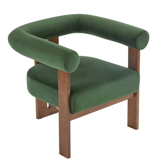 GDF Studio Green Velvet Accent Armchair with Unique Three-Legged Base, Curved Backrest, and Walnut Birch Legs