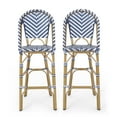 thumbnail image 1 of GDF Studio Grelton Outdoor Aluminum 29.5 Inch French Barstools, Set of 2, Navy Blue, White, and Bamboo Finish, 1 of 6