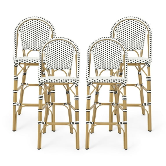 GDF Studio Grelton Outdoor Aluminum French Barstools (Set of 4), Black, White, and Bamboo Finish