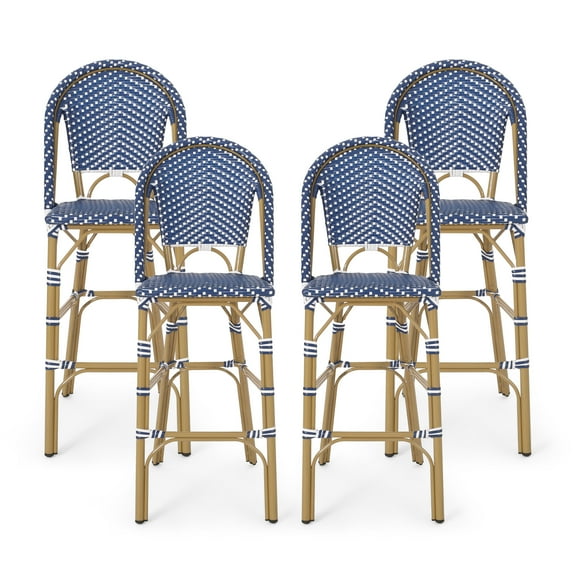 GDF Studio Grelton Outdoor French 29.5 inch Barstools, Set of 4, Dark Teal, White, and Bamboo Finish