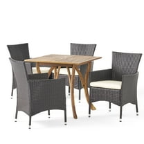 GDF Studio Hahn Outdoor Acacia Wood and Wicker 5 Piece Dining Set with Cushions, Teak, Multibrown, and Beige