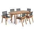 thumbnail image 1 of GDF Studio Haitian Outdoor Mesh and Acacia Wood 7 Piece Dining Set, Teak and Black, 1 of 9