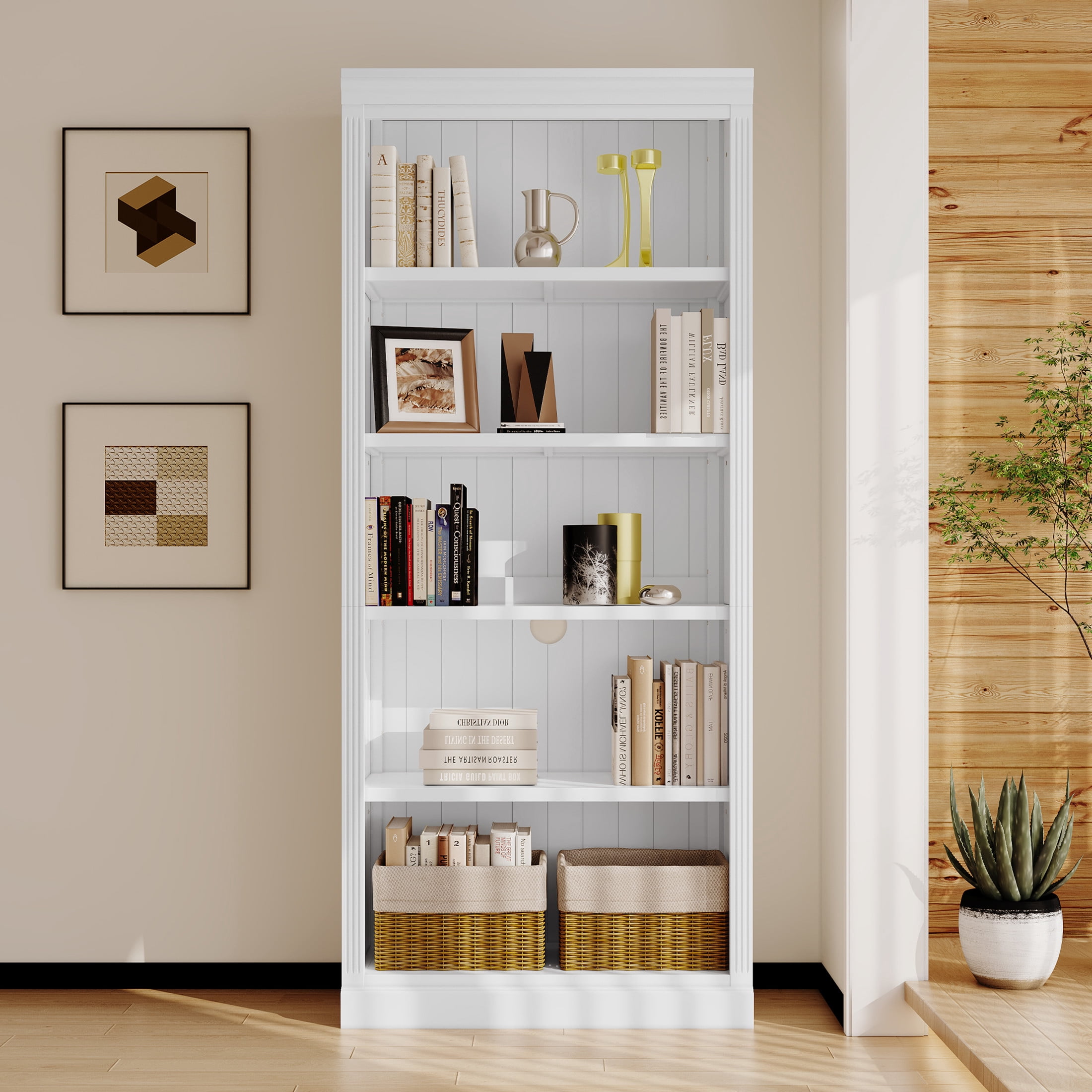 GDF Studio Halden 83.4" 5-Tier Bookcase with Adjustable Shelves & Cable Hole, Storage Bookshelf for Home Office, White