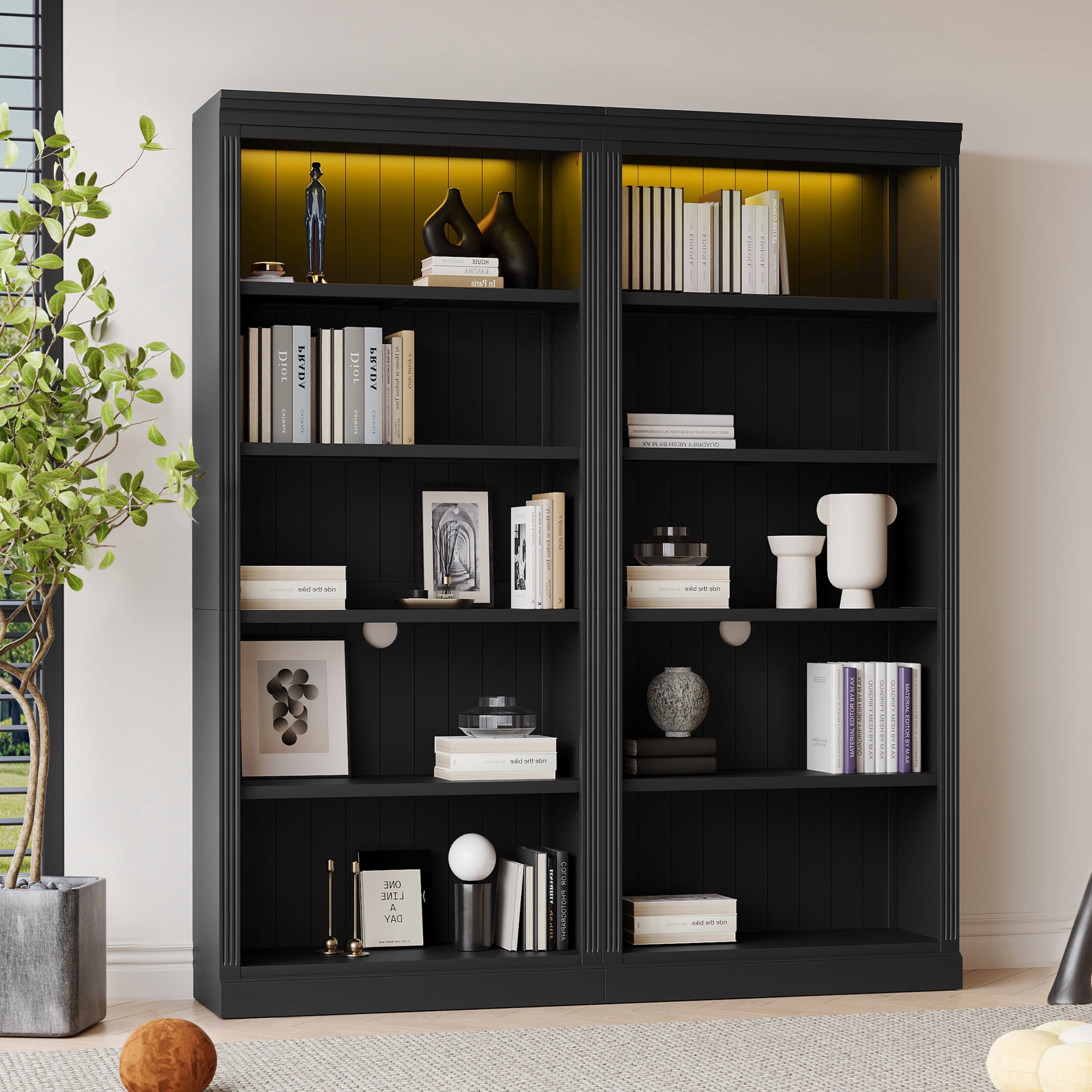GDF Studio Halden 83.4" 5-Tier Bookcase with LED Light, Adjustable Shelves & Cable Hole, Storage Bookshelf, Black, Set of 2