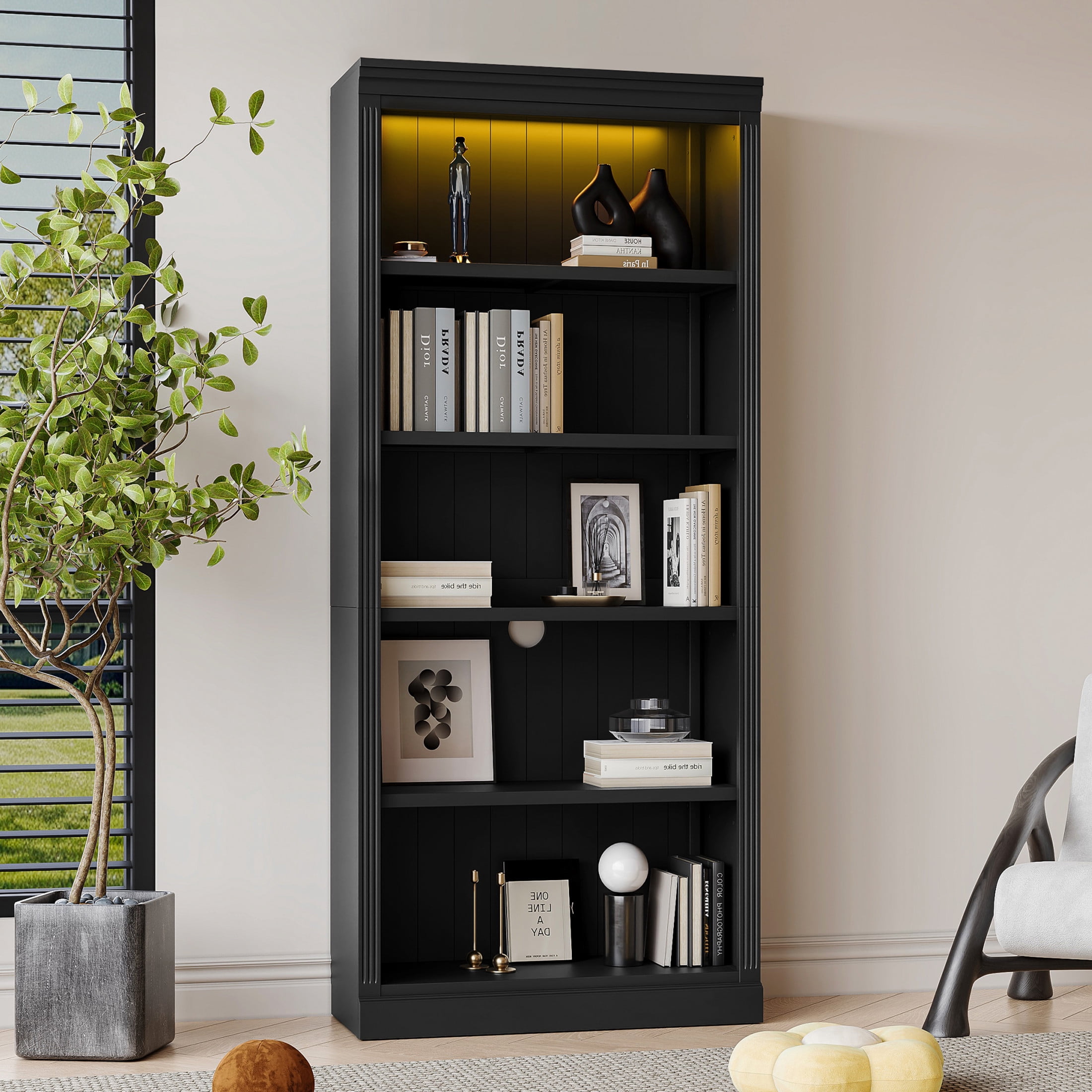 GDF Studio Halden 83.4" 5-Tier Bookcase with LED Light, Adjustable Shelves & Cable Hole, Storage Bookshelf, Black