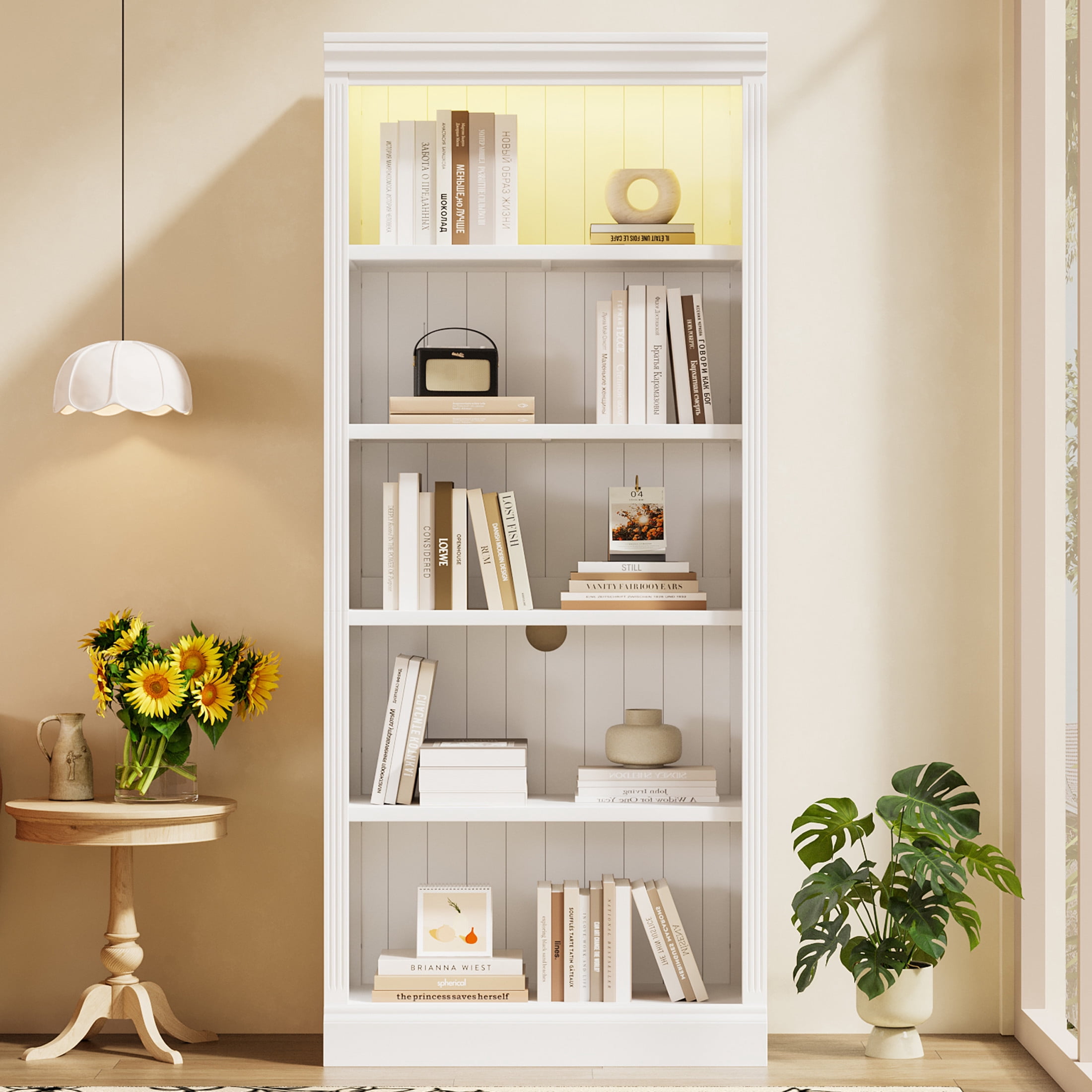 GDF Studio Halden 83.4" 5-Tier Bookcase with LED Light, Adjustable Shelves & Cable Hole, Storage Bookshelf, White