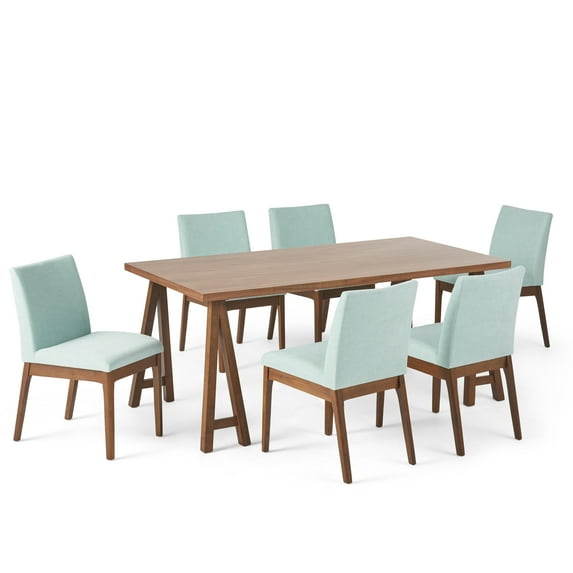 GDF Studio Hampton Mid Century Modern Fabric Upholstered Wood 7 Piece Dining Set, Mint and Walnut