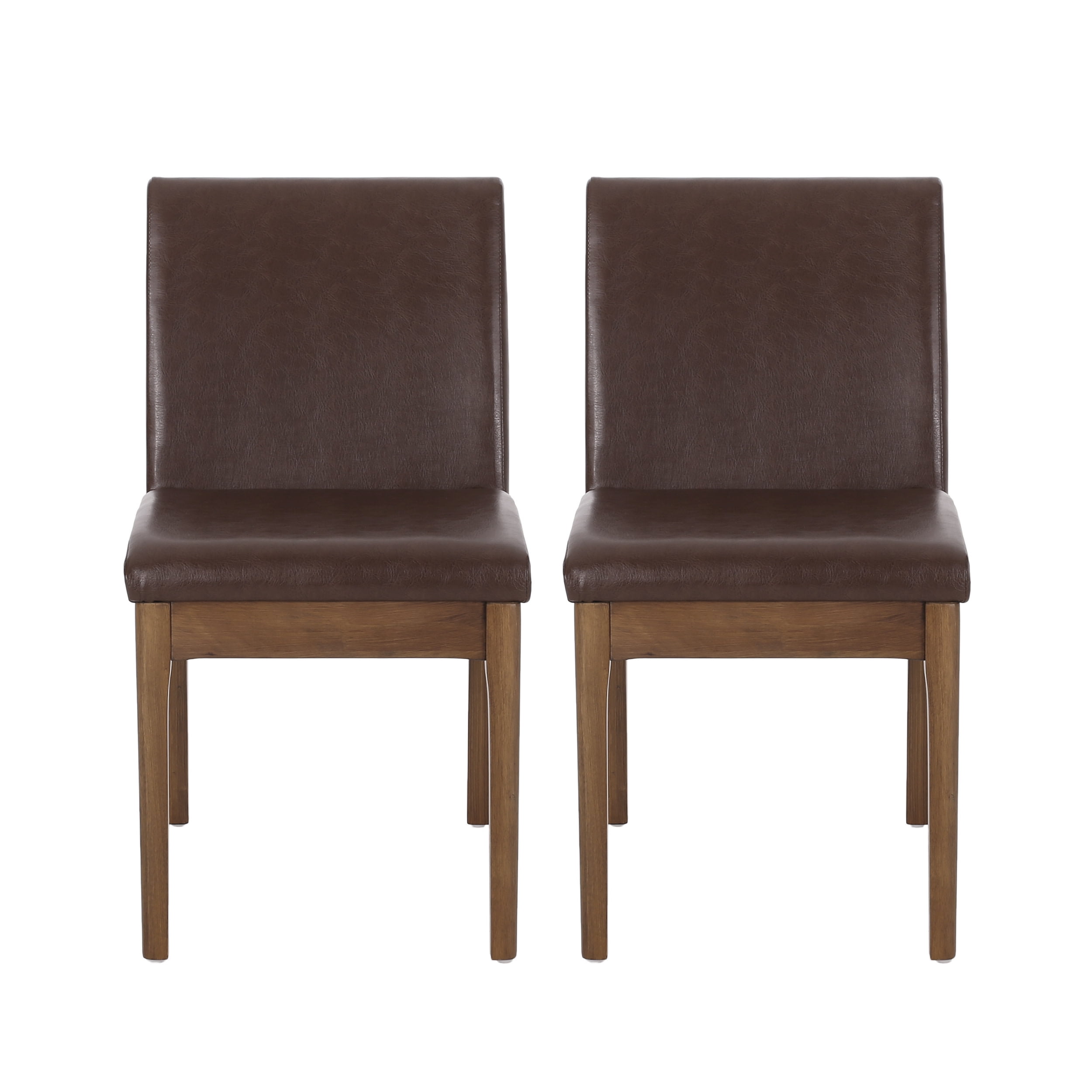 Dark Brown Faux Leather and Walnut Upholstered Side Chairs, Set of 2