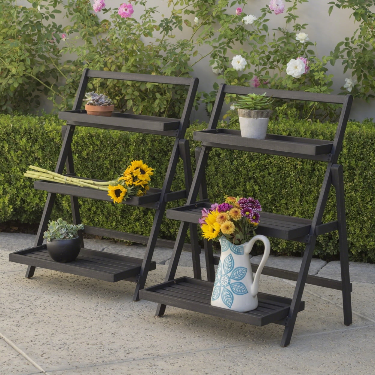 Set of 2 Dark Gray Acacia Wood Foldable Plant Stands