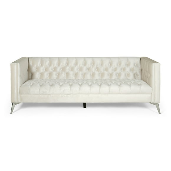 GDF Studio Harnoor Contemporary Tufted 3 Seater Sofa, Beige Velvet and Silver