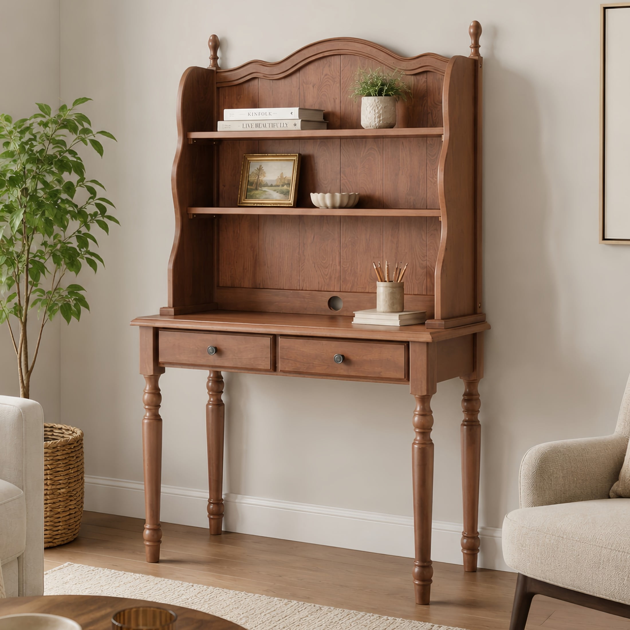 GDF Studio Harper Mid-Century Computer Desk with Storage Hutch & Drawers, Vintage Vanity Desk for Home Office, Walnut