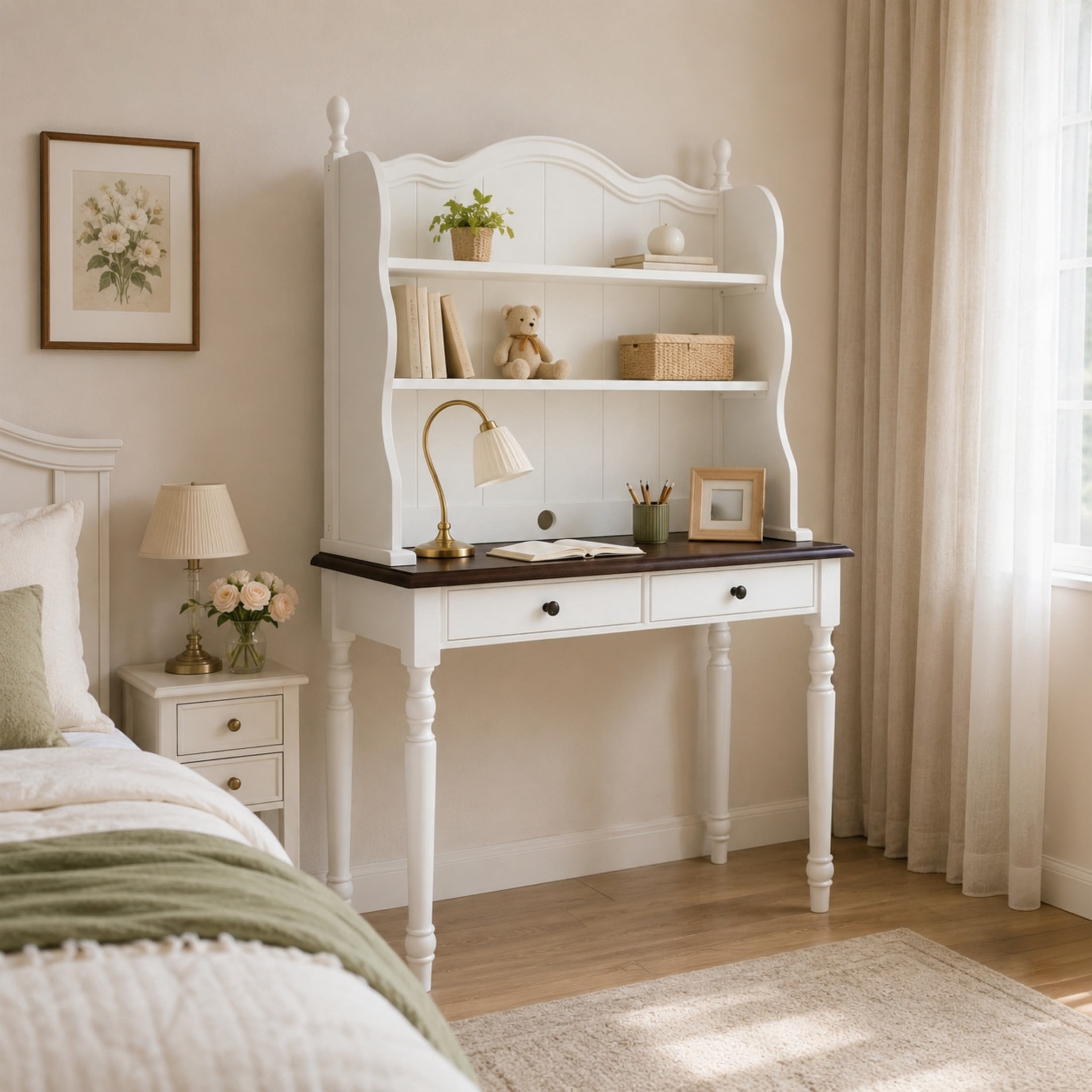GDF Studio Harper Mid-Century Computer Desk with Storage Hutch & Drawers, Vintage Vanity Desk for Home Office, White