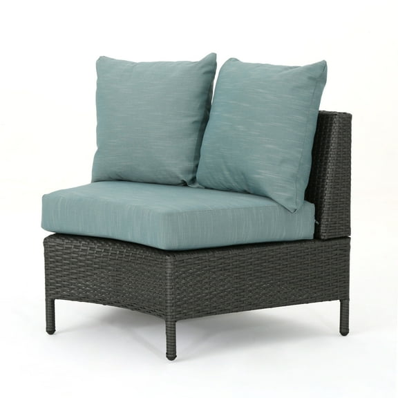 GDF Studio Harper Outdoor Wicker Curved Loveseat Sectional with Cushions, Gray and Teal