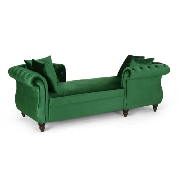 GDF Studio Harrisville Modern Glam Tufted Velvet Tete a Tete Chaise Lounge with Accent Throw Pillow, Emerald and Dark Brown