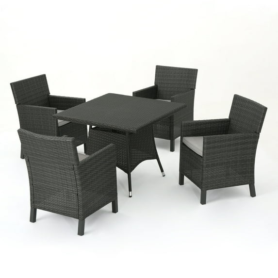 GDF Studio Healy Outdoor Wicker 5 Piece Dining Set with Cushion, Gray and Light Gray