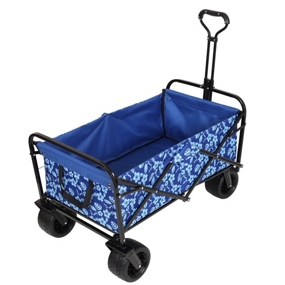 GDF Studio Heavy-Duty Collapsible Wagon, Large Capacity Folding Utility Cart with 7" All-Terrain Wheels, Flower Blue
