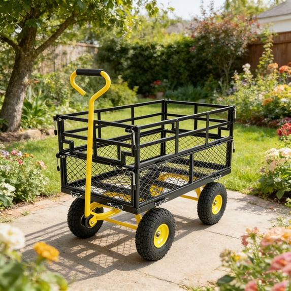GDF Studio Heavy-Duty Garden Cart, Utility Truck with Inflatable Tires and Steel Frame, Wood Transporting Cart, Black
