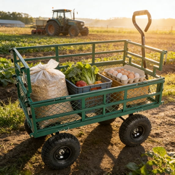 GDF Studio Heavy-Duty Garden Cart, Utility Truck with Inflatable Tires and Steel Frame, Wood Transporting Cart, Green