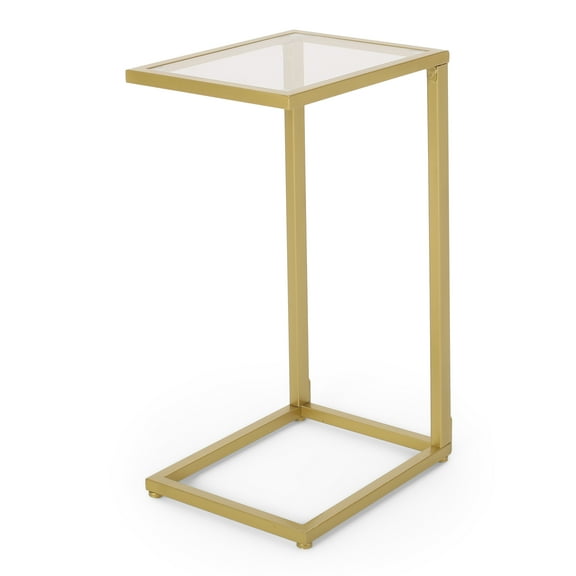 GDF Studio Hebble Modern Glam Glass Top C Shaped Side Table, Gold